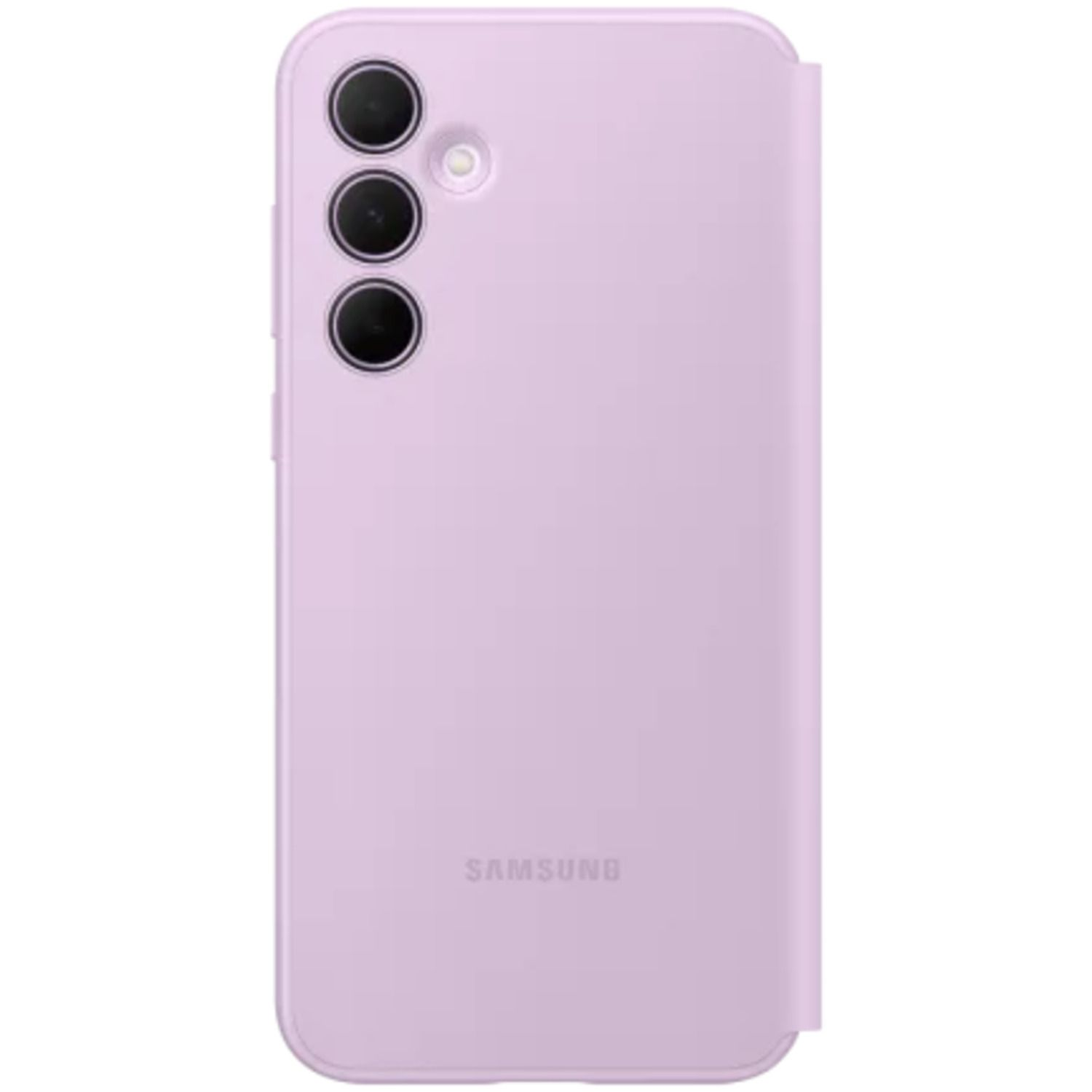 Une coque de téléphone Samsung lavande. Trois objectifs de caméra sont visibles. Le logo Samsung est en bas.