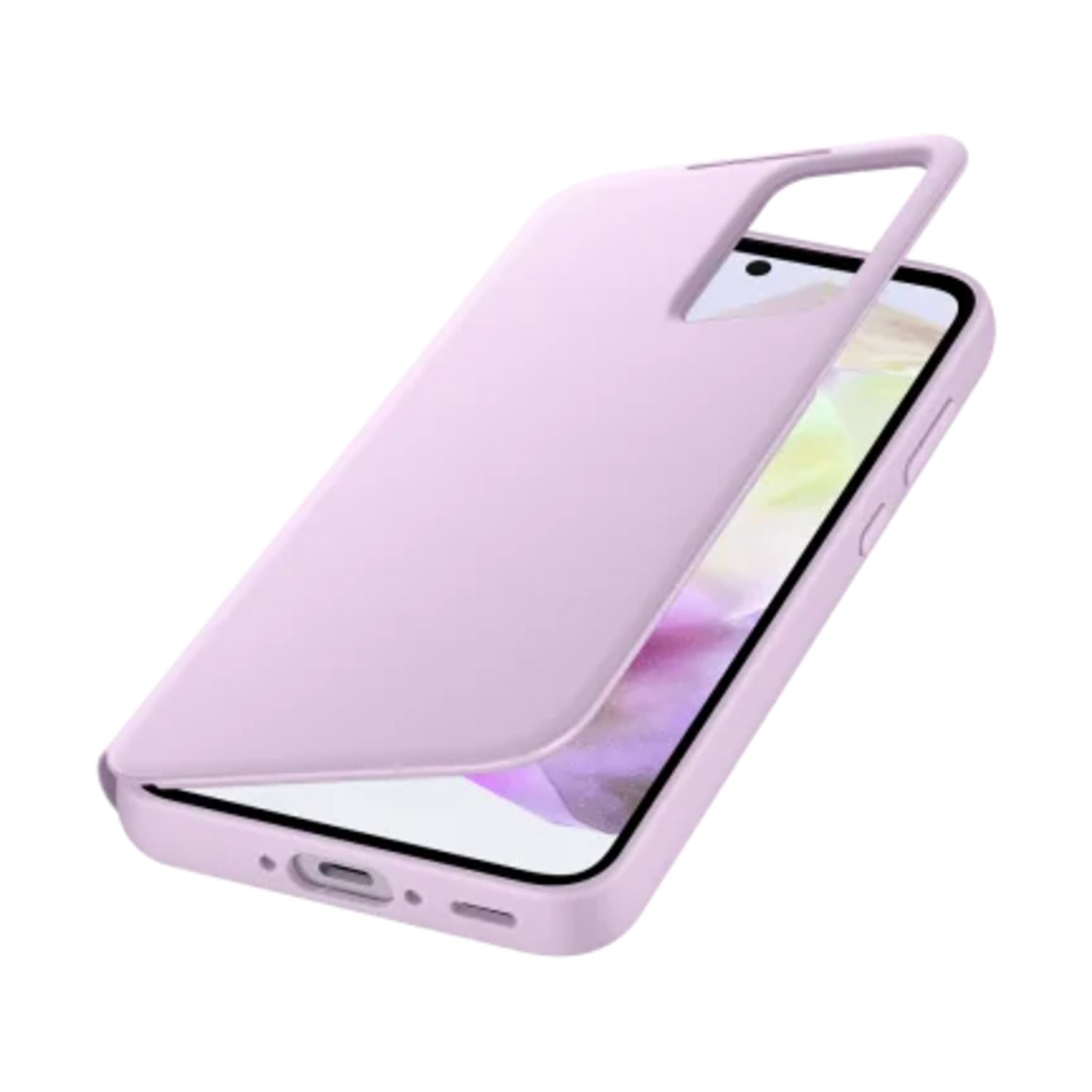 Un étui de téléphone violet clair ouvert, révélant un téléphone. Fond blanc.