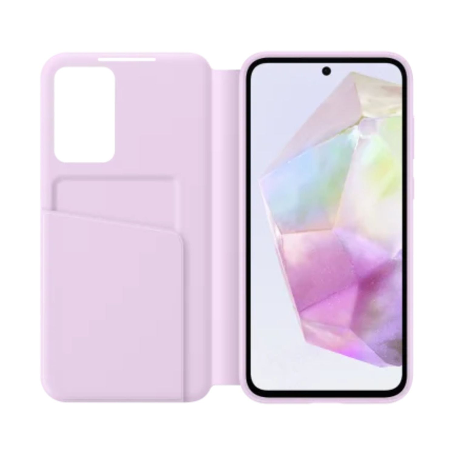 Étui de téléphone rose avec façade ouverte, montrant l'écran et une fente pour carte.