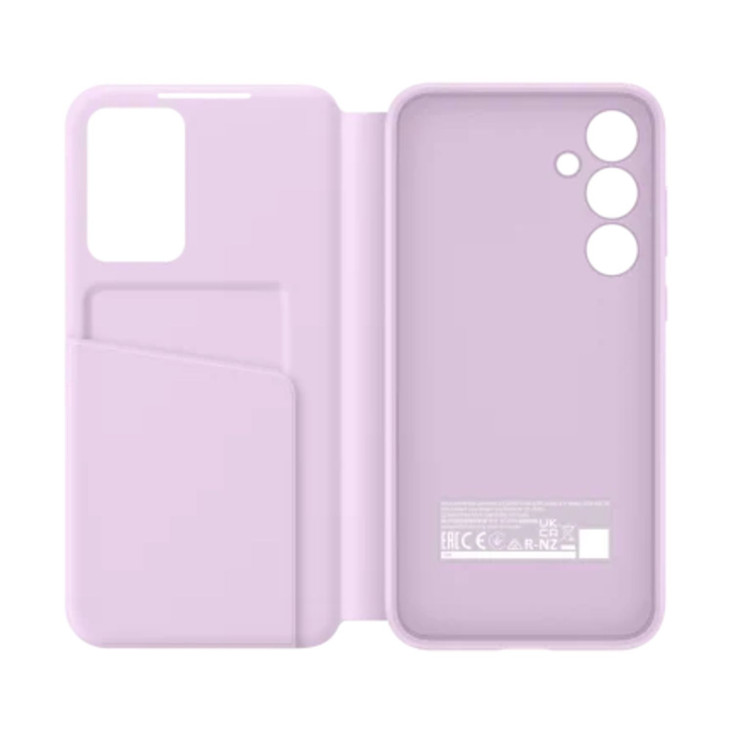 Étui de téléphone lavande ouvert, avec fentes pour cartes, à côté de l'arrière du téléphone.