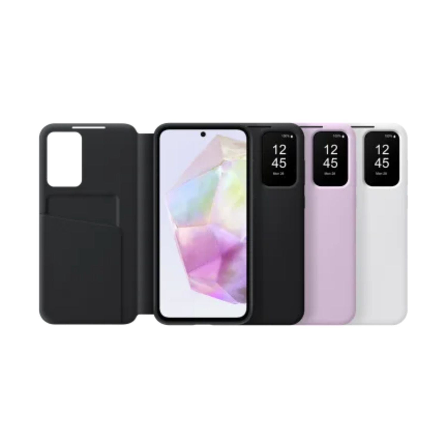 Quatre étuis de téléphone, montrant un téléphone, en noir, rose et blanc.