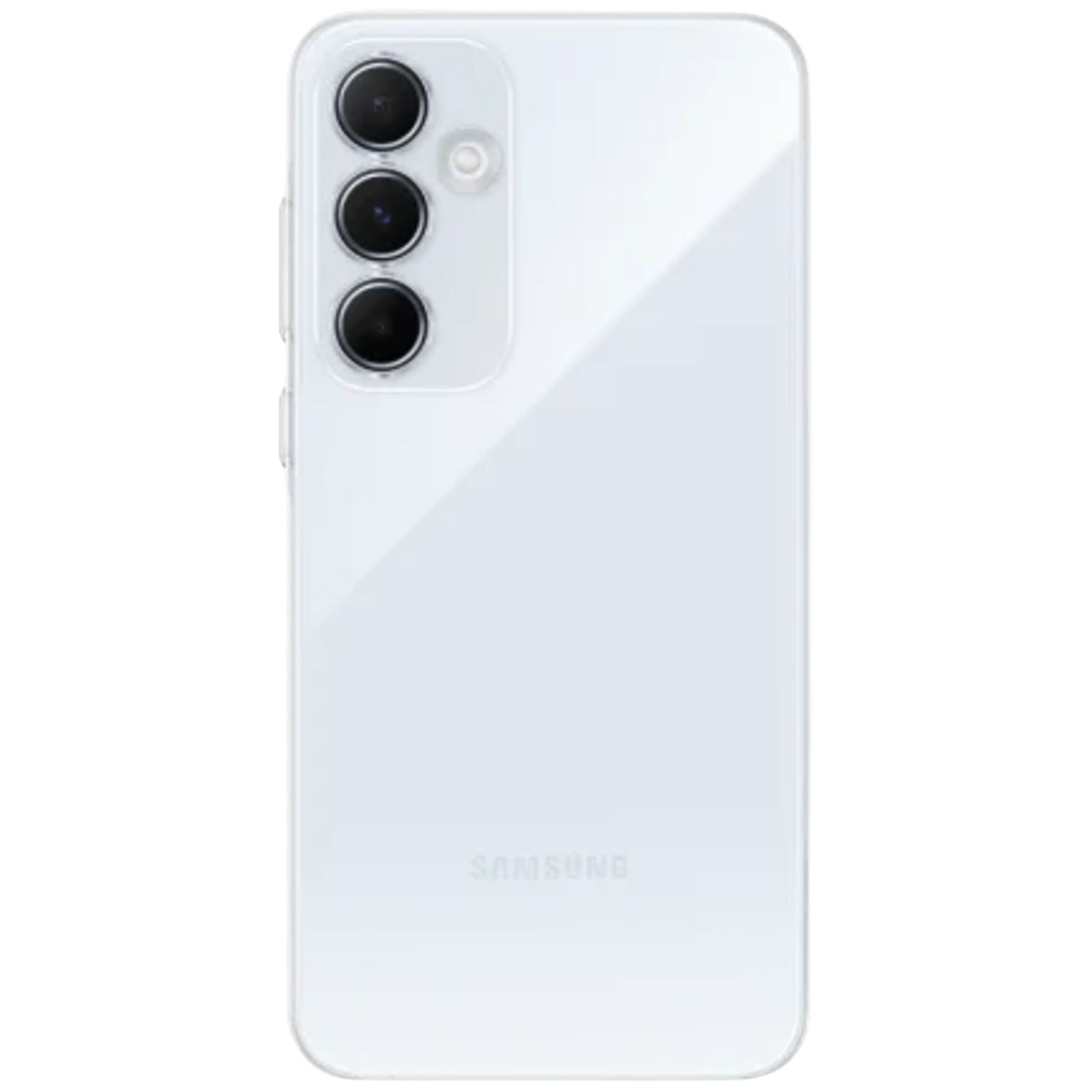 Dos d'un smartphone blanc avec triple caméra et logo Samsung sur fond noir.