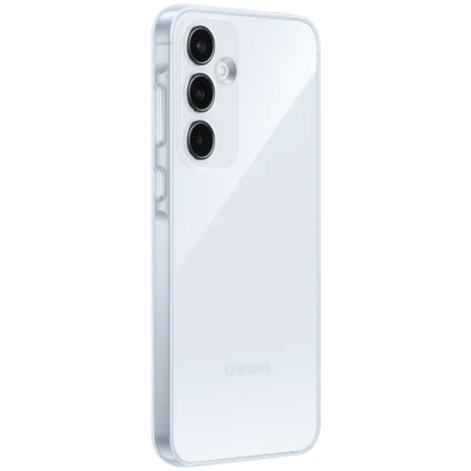 Un smartphone blanc avec une coque transparente, trois caméras et le logo Samsung.