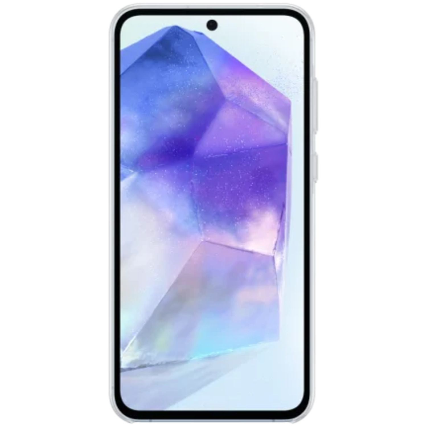 Un smartphone avec un design géométrique violet sur l'écran.