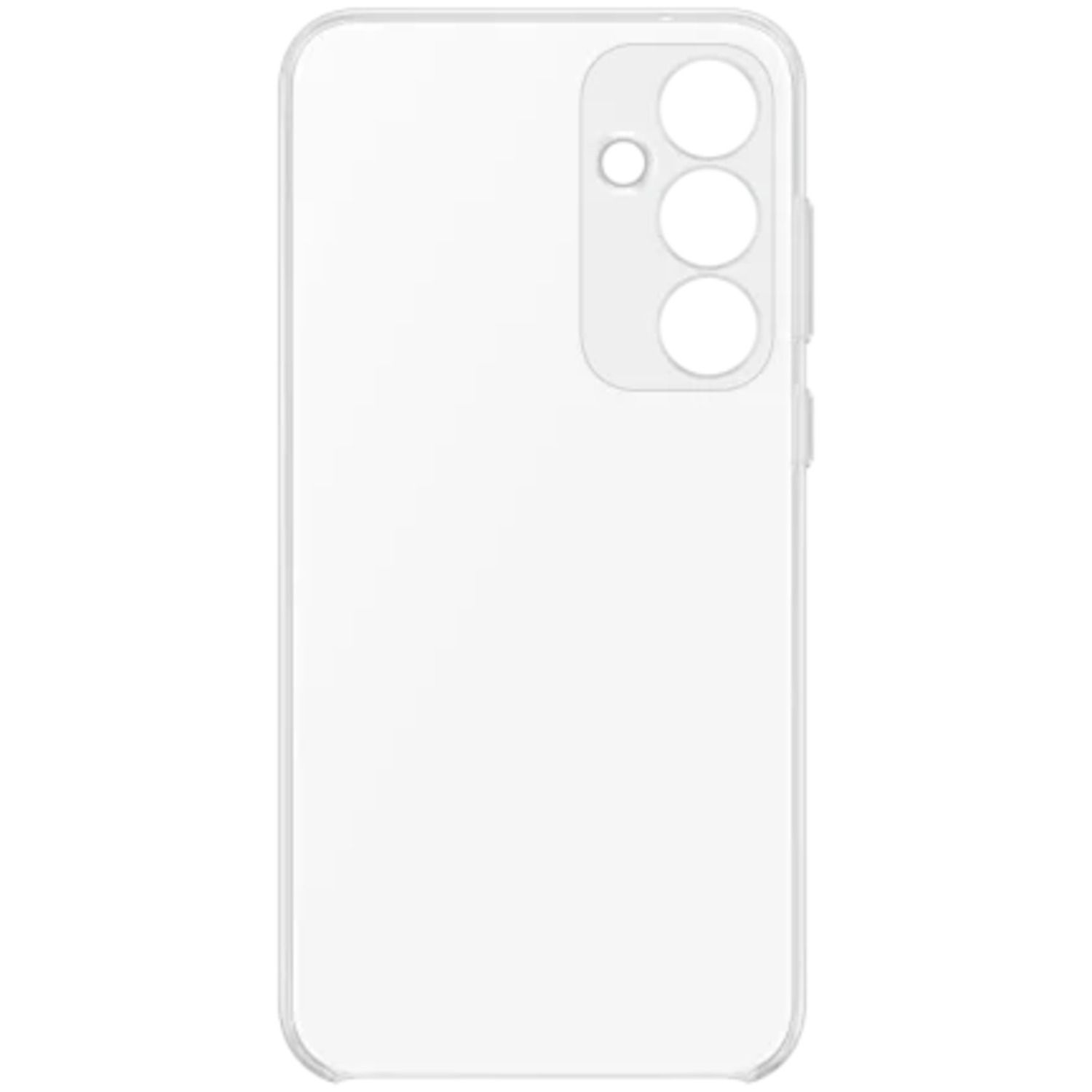 Coque de téléphone transparente avec découpes pour caméra. Fond blanc.