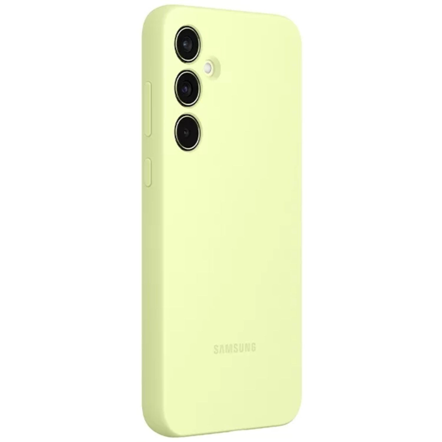 Une coque de téléphone jaune clair avec trois objectifs d'appareil photo. Le logo Samsung est visible.