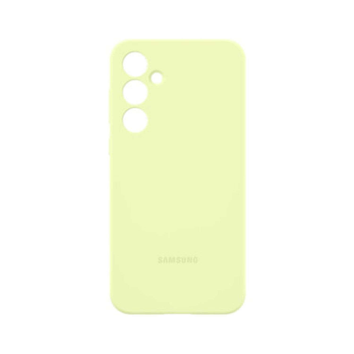 Coque de téléphone vert clair avec trois découpes pour appareil photo et logo Samsung.
