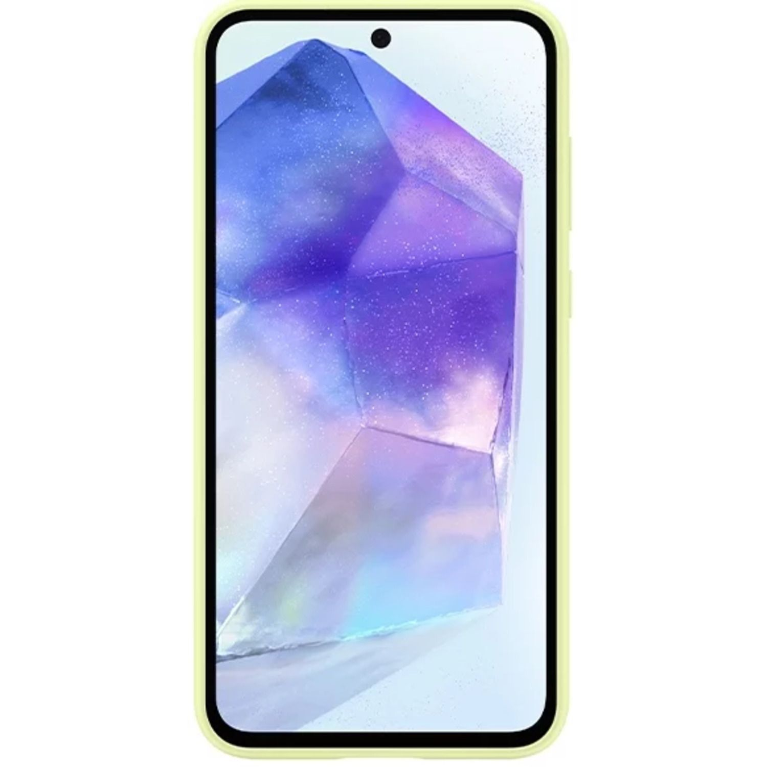 Un téléphone jaune clair avec un design en forme de cristal sur l'écran, dans un étui assorti.