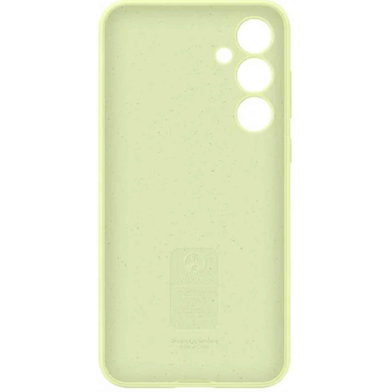 Coque de téléphone vert clair avec trous pour appareil photo et un logo.