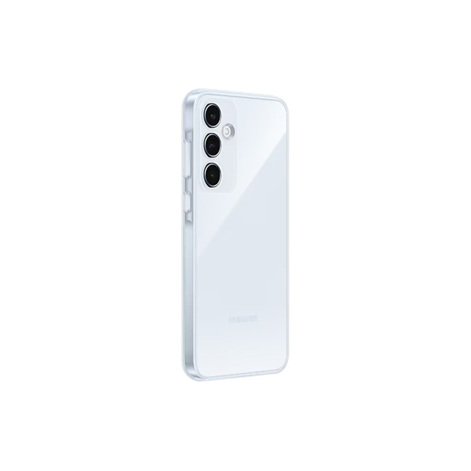 Une coque de téléphone transparente sur fond blanc. La coque a trois trous pour l'appareil photo.