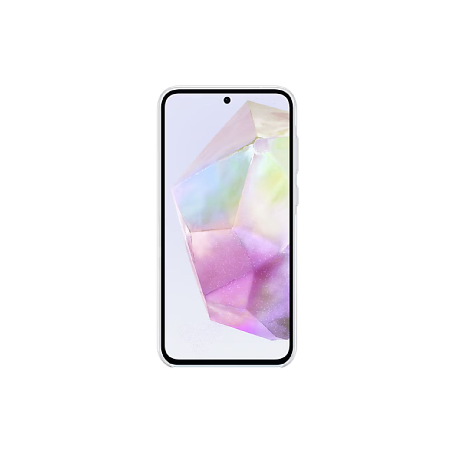 Un smartphone avec un étui de couleur claire, montrant un motif abstrait coloré.
