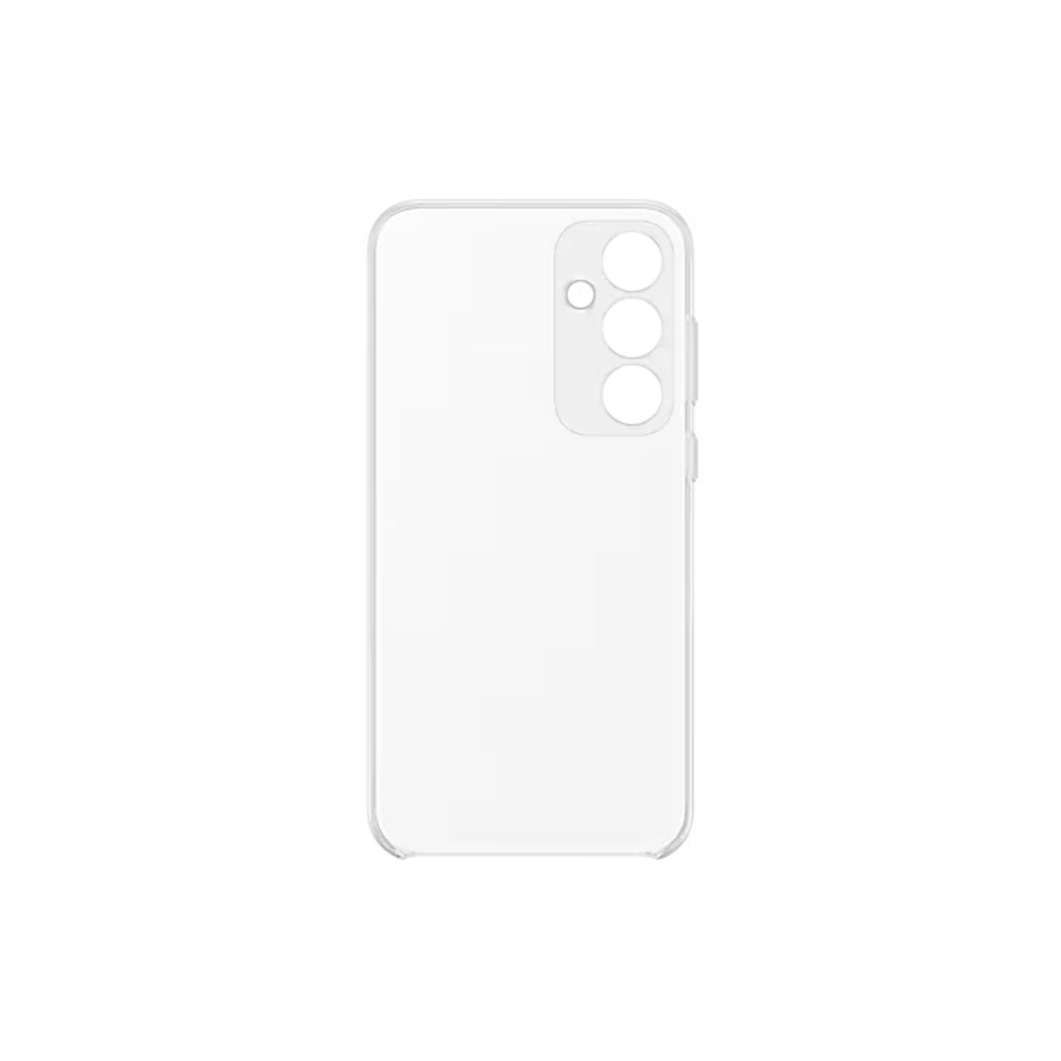 Coque de téléphone transparente avec trois trous pour caméra sur fond blanc.