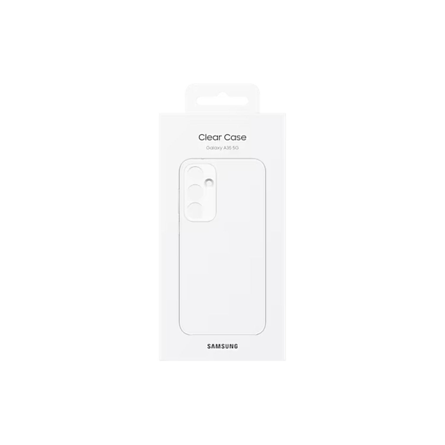 Une coque transparente pour un Samsung Galaxy A35 5G, dans une boîte blanche avec une languette de suspension.