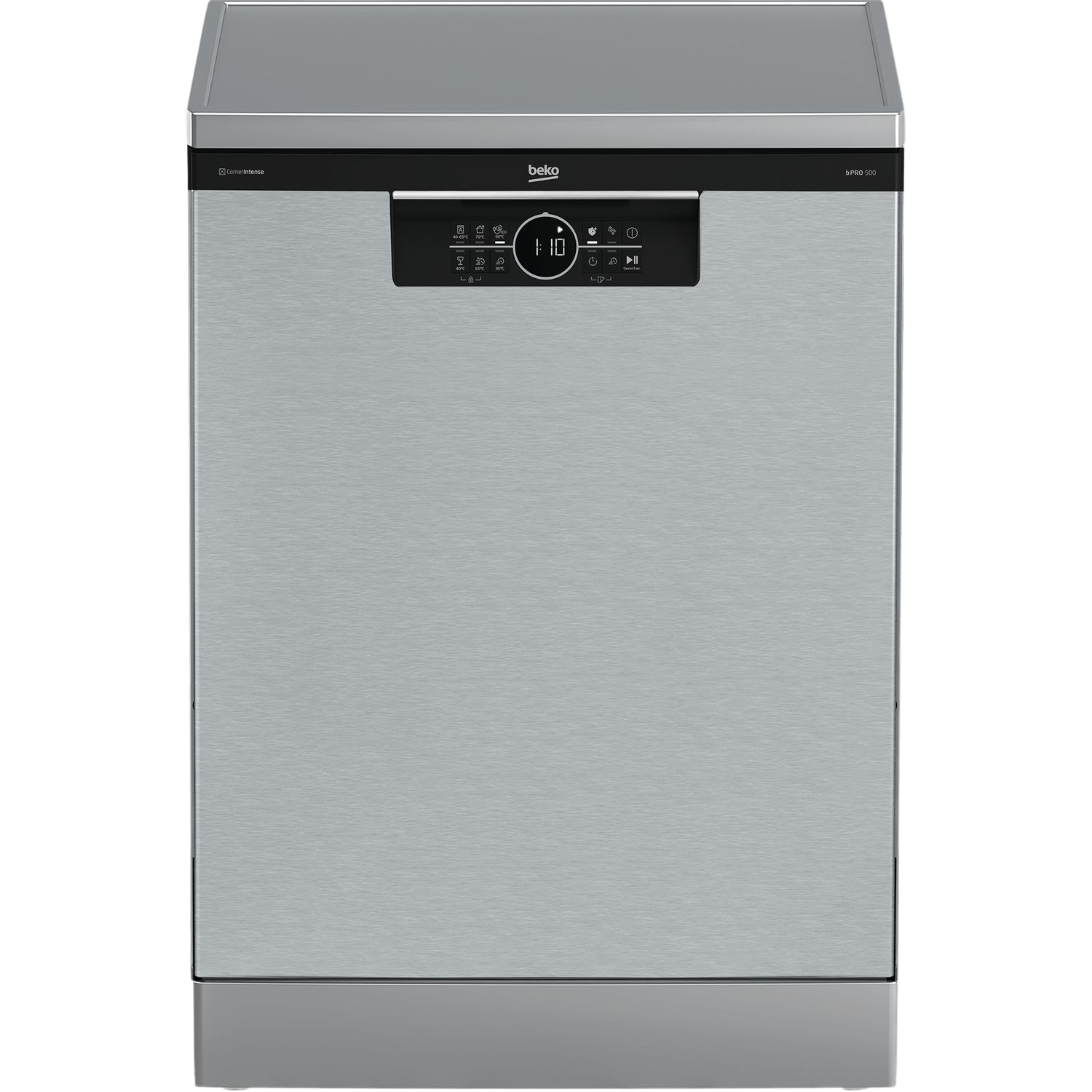 Lave-vaisselle Beko argenté avec écran numérique et panneau de commande.