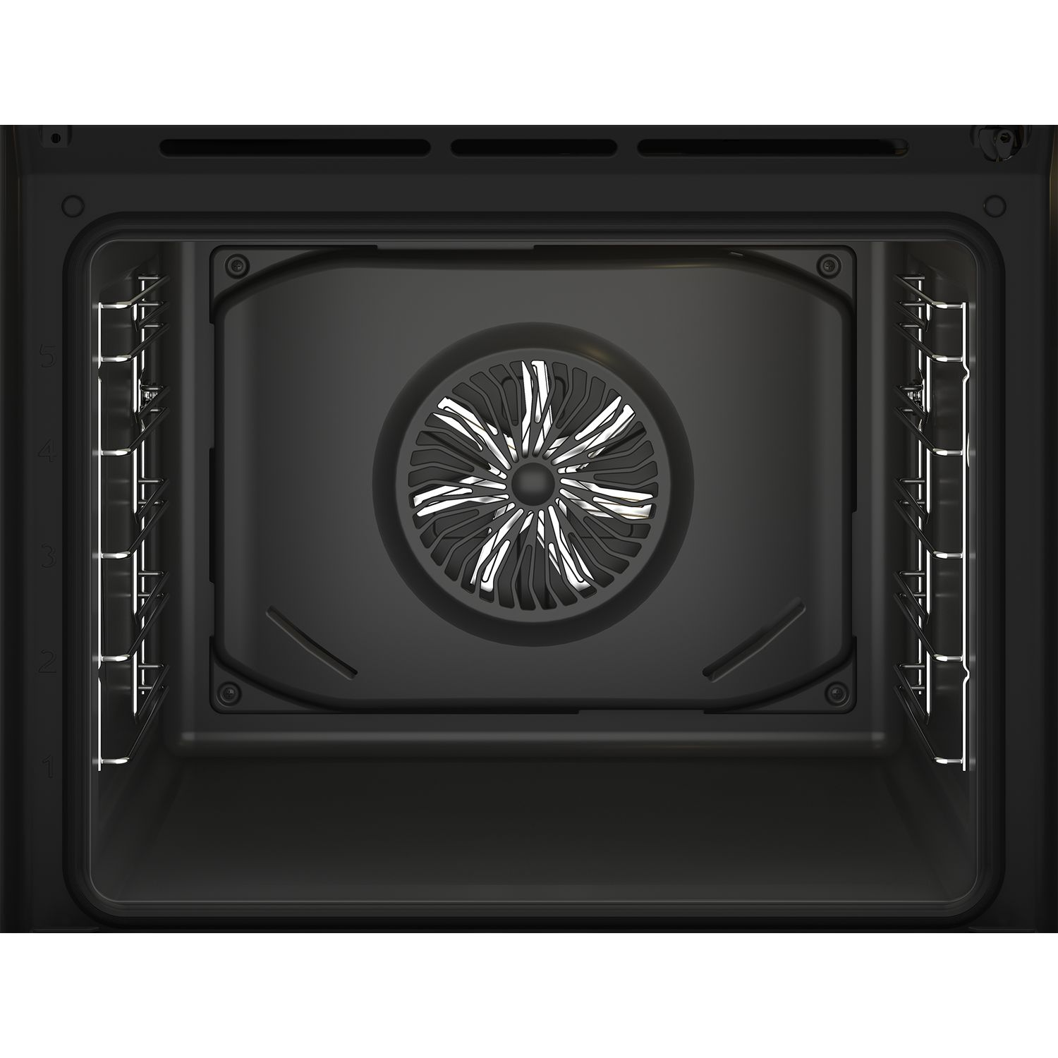 Intérieur d'un four. Ventilateur au milieu et grilles métalliques sur les côtés. Intérieur noir.