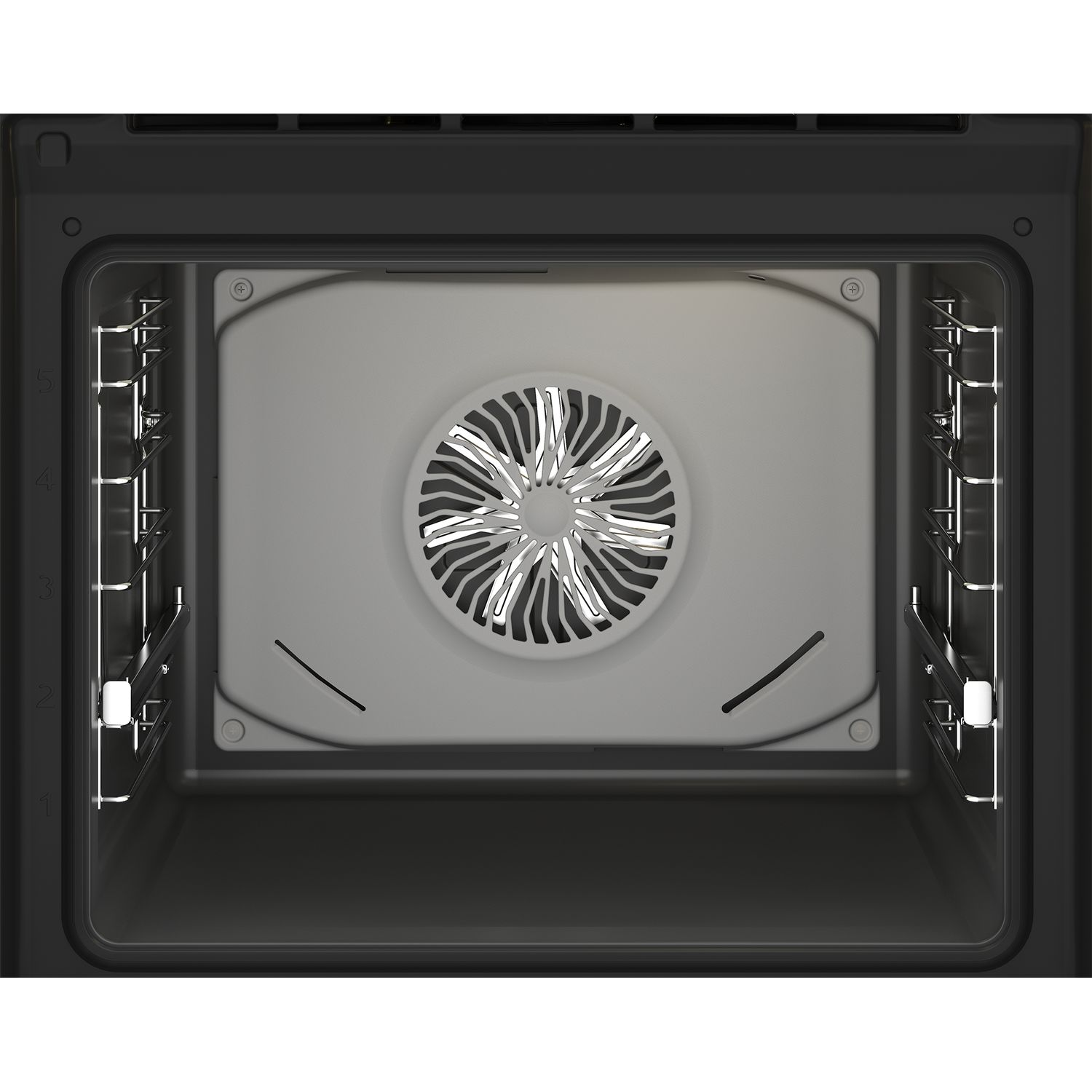 Intérieur du four, ventilateur au centre. Grilles métalliques sur les côtés. Intérieur noir.
