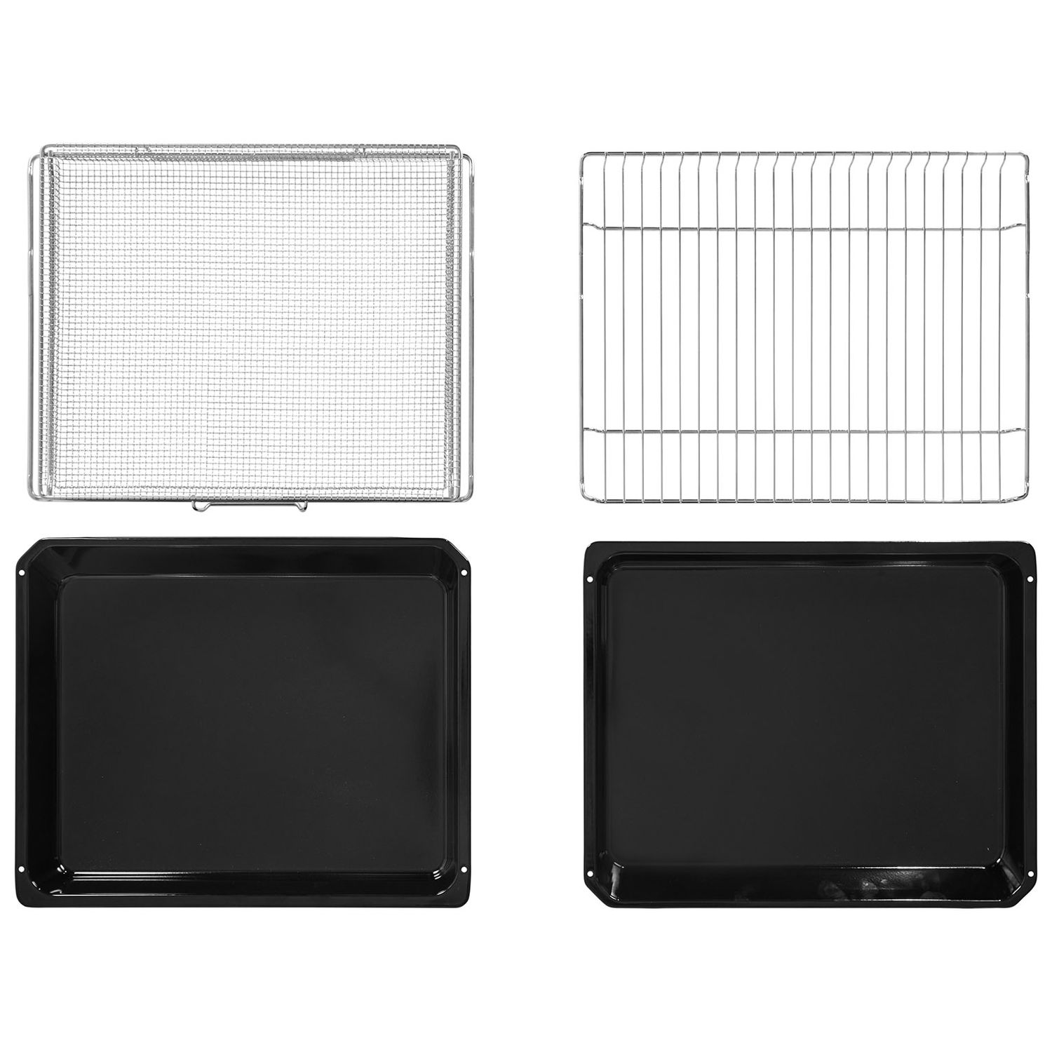 Quatre plaques et grilles de cuisson en métal. Deux sont des plaques rectangulaires et deux des grilles.