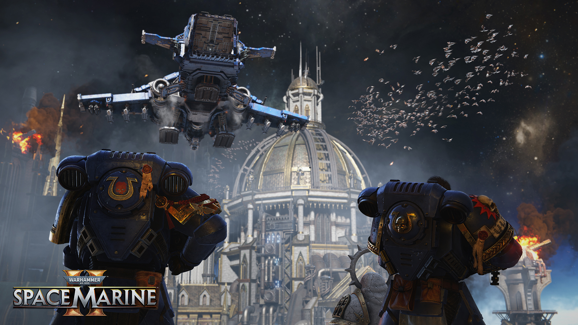 Warhammer 40k Szene mit Space Marines, einem Schiff und einer Stadt im Hintergrund.