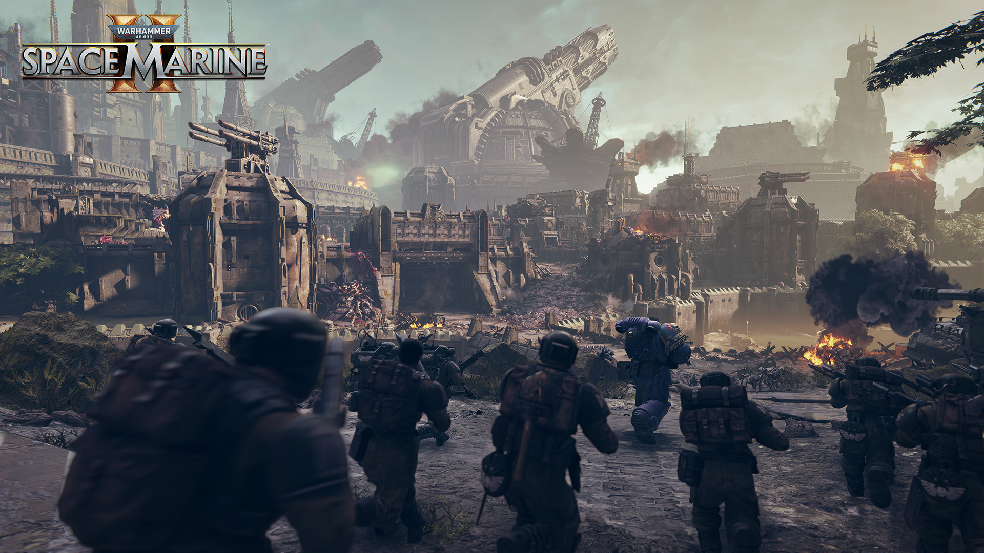 Warhammer 40.000: Space Marine 2 Spielszene. Soldaten im Kampf, Stadt zerstört, Rauch.