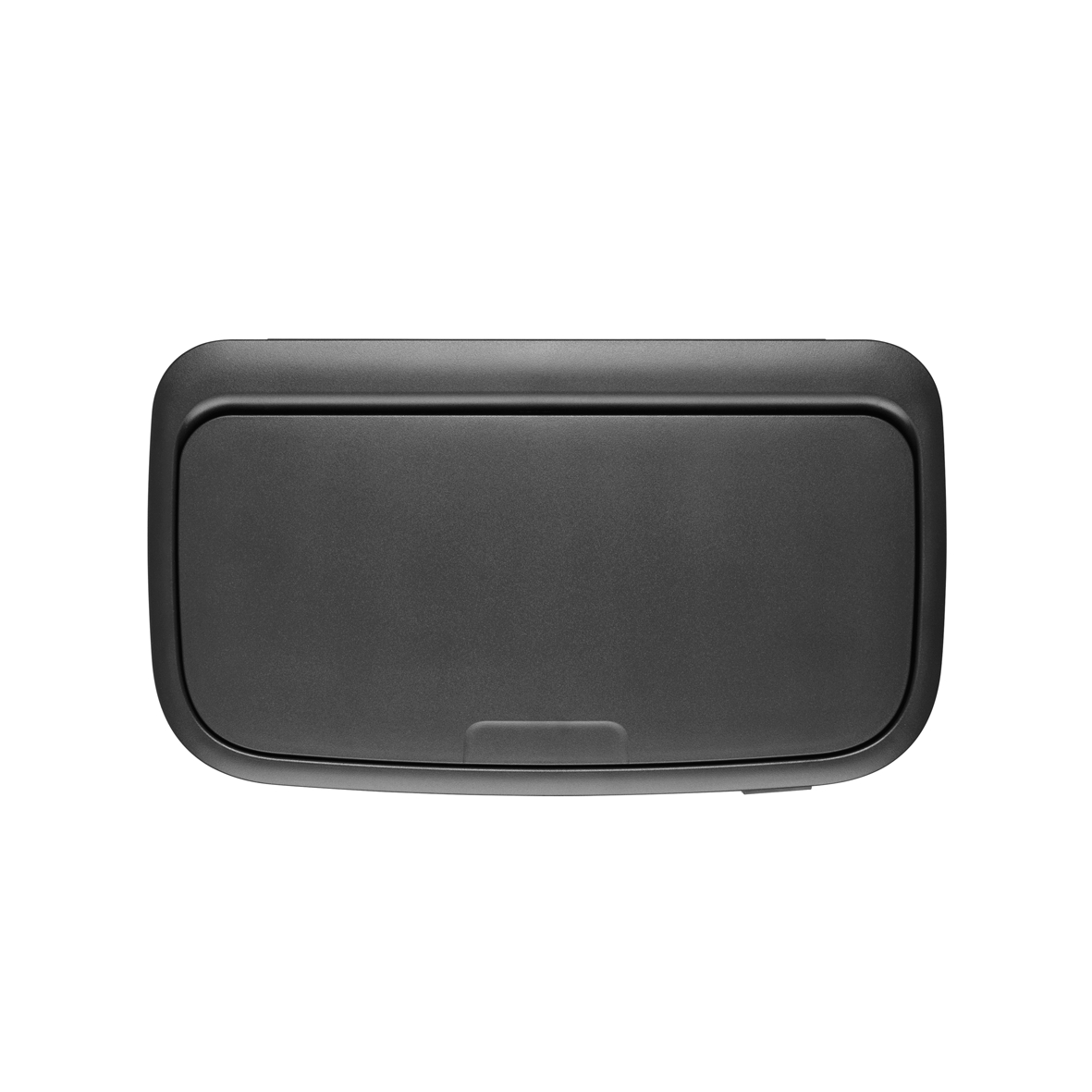 Eine schwarze Deckenkonsole für das Auto mit einem Knopf. Weißer Hintergrund.