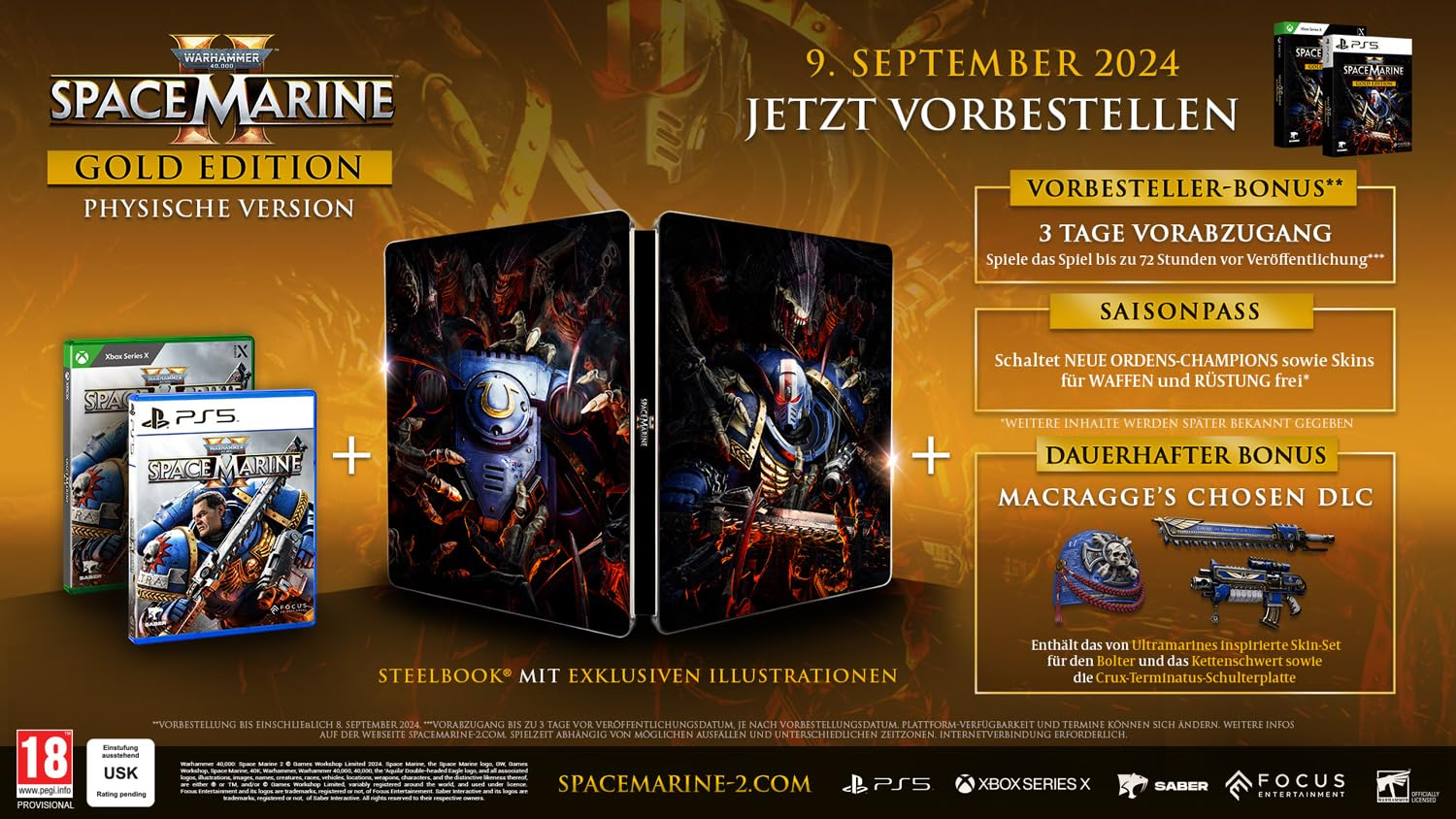 Spielbox mit zwei Discs und Steelbook. Text über Vorbesteller-Boni und Veröffentlichungsdatum.