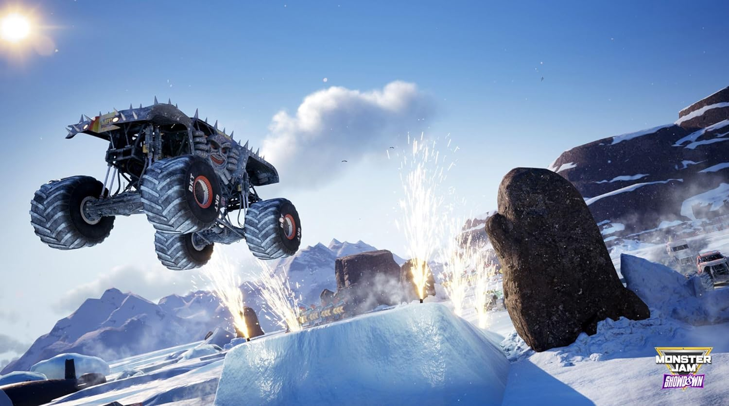 Un monster truck saltando, con explosiones y fondo nevado.