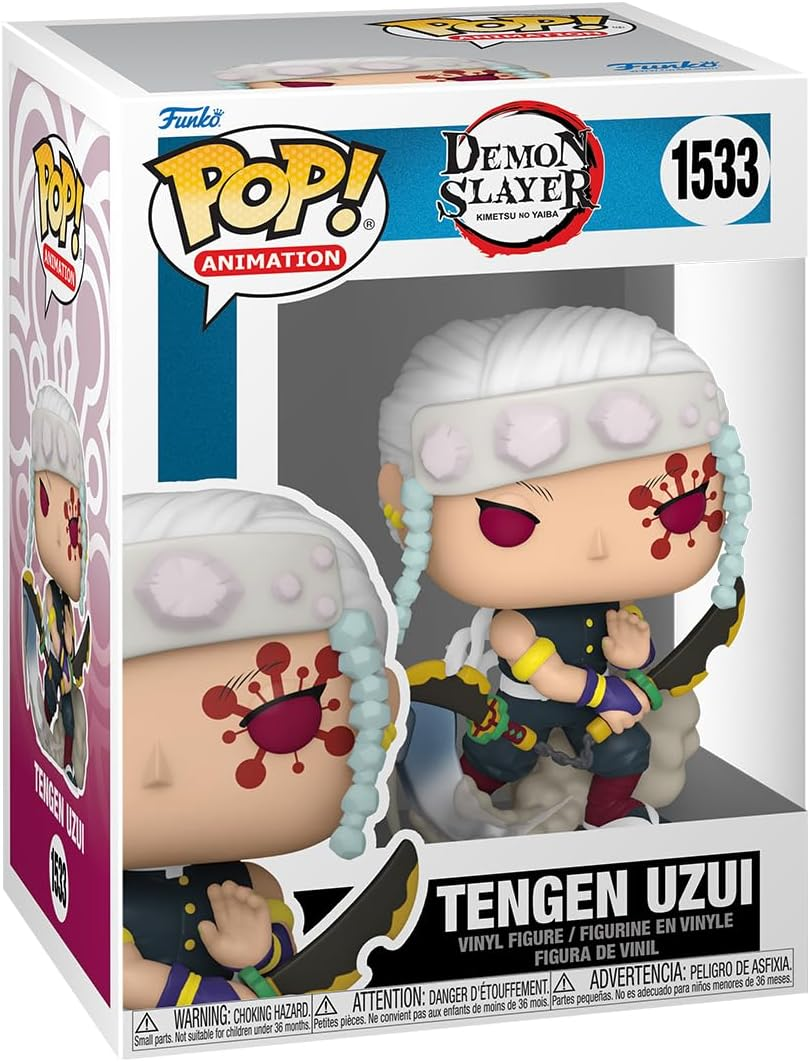 Figura Funko Pop de Tengen Uzui de Demon Slayer, en una caja. Figura con dos espadas.