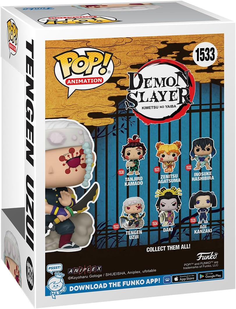 Una caja de Funko Pop con personajes de Demon Slayer. La caja tiene imágenes de los personajes.