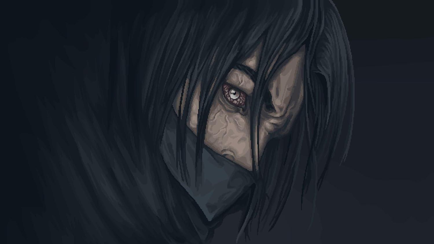 Primer plano de un dibujo pixelado de un hombre con pelo oscuro, bufanda y mirada penetrante.