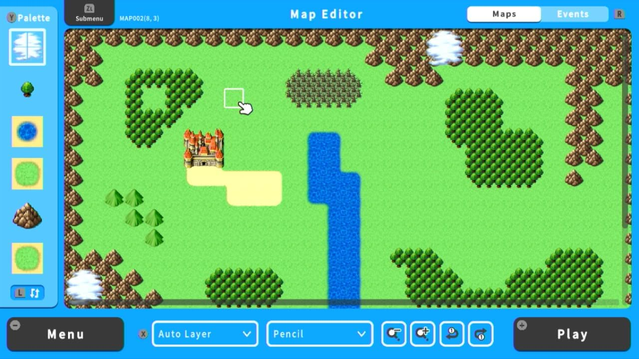 Interfaz de editor de mapas pixelado. Árboles, agua, castillo, opciones de menú.
