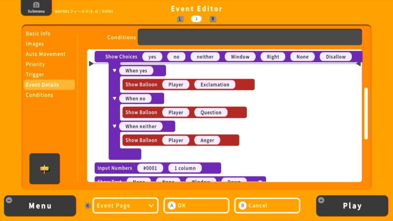 Interfaz del editor de eventos con múltiples opciones en un fondo naranja. Botones y texto son visibles.