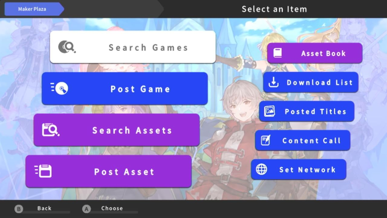 Interfaz del menú del juego. Las opciones incluyen 'Buscar juegos', 'Publicar juego', 'Buscar recursos' y 'Publicar recurso'.