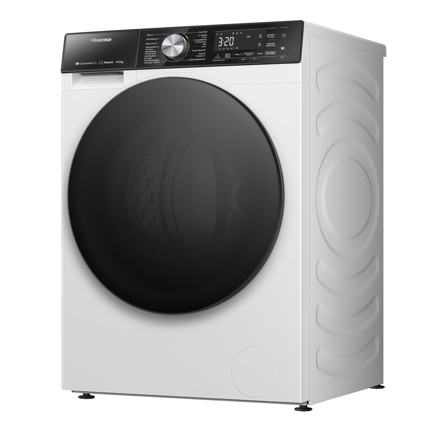 Een witte wasmachine met een zwarte deur en bedieningspaneel. De tijd is 3:20 op het display.