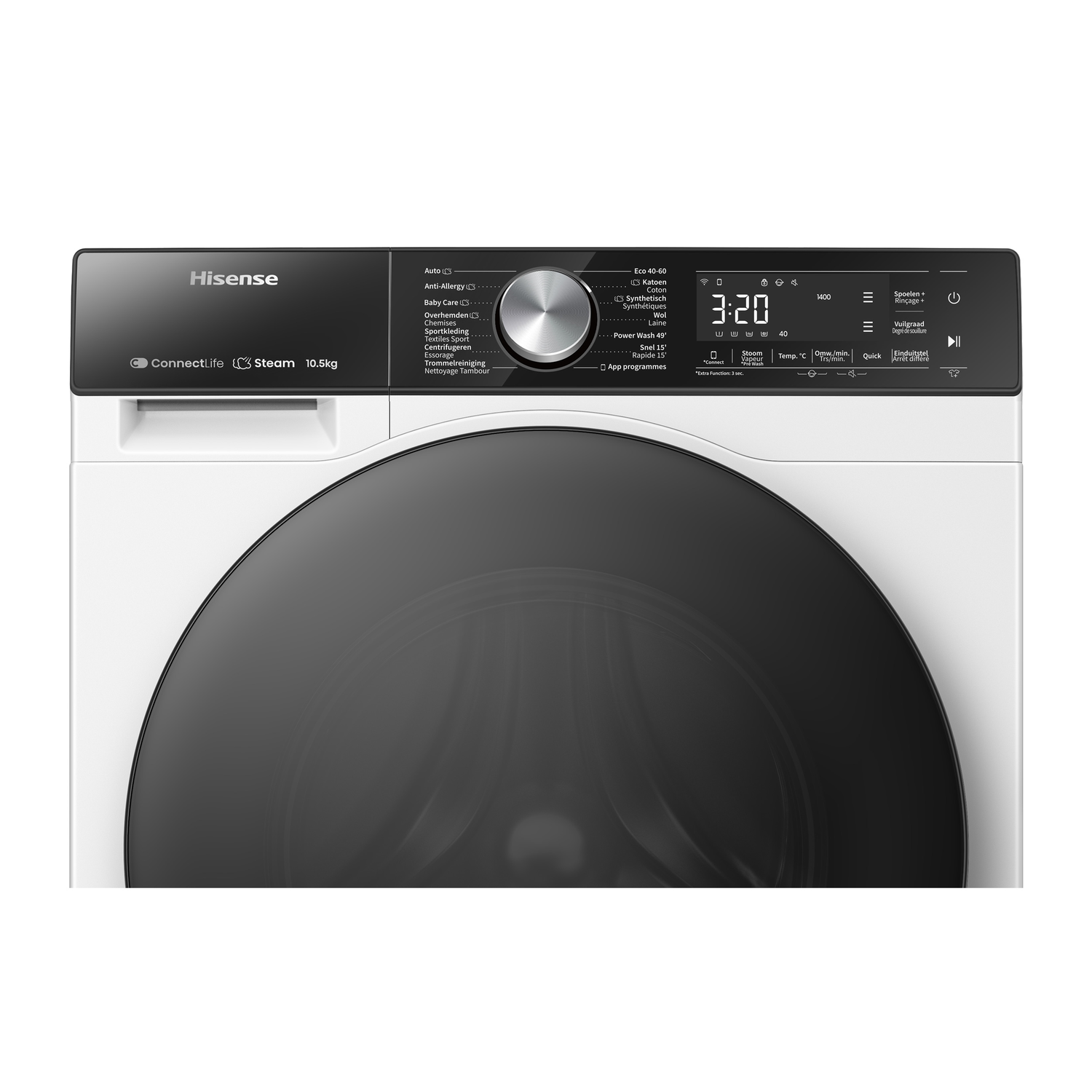 Wit bedieningspaneel van de wasmachine met een zwarte deur en scherm.