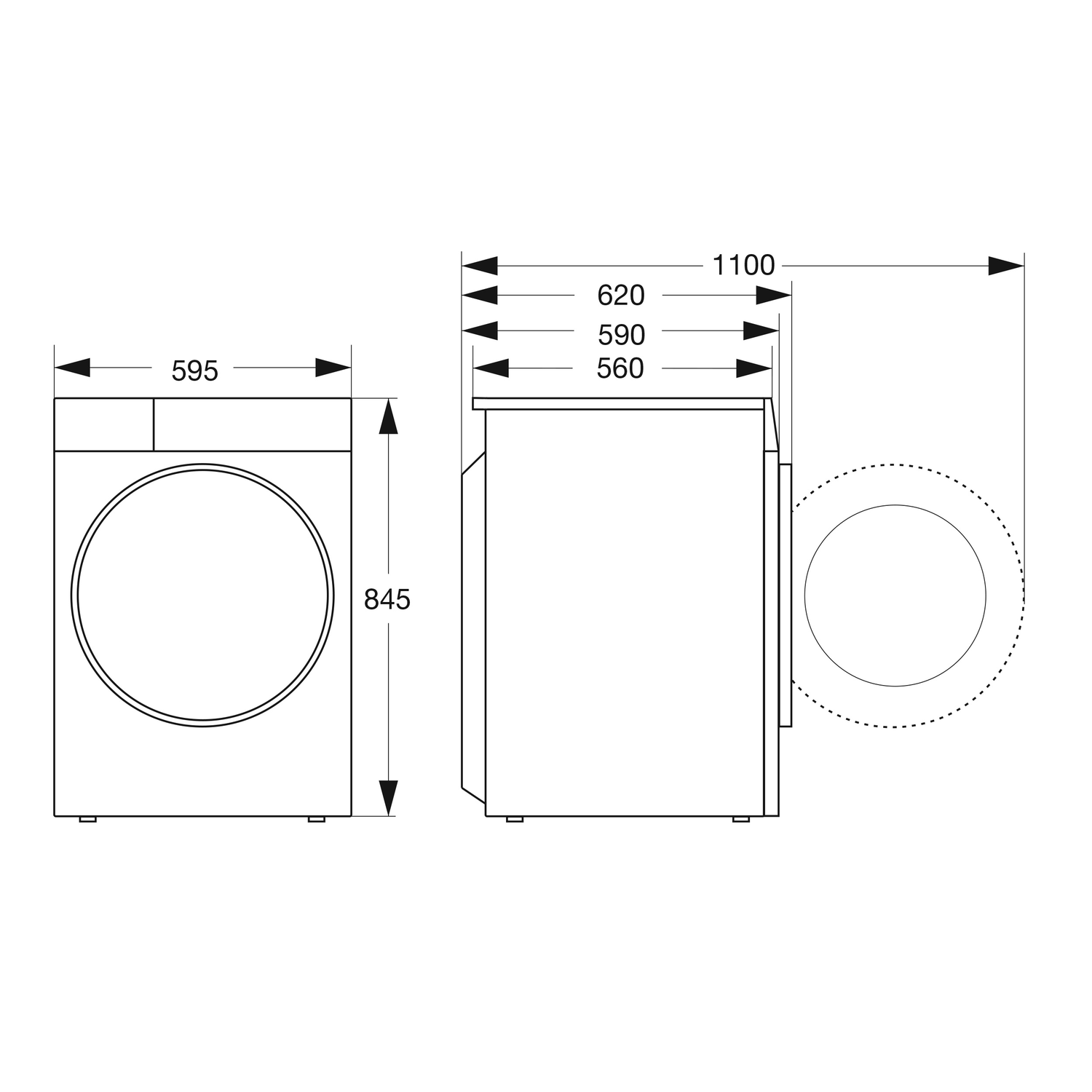 Technische tekening van een wasmachine, met afmetingen en maten aangegeven door pijlen.