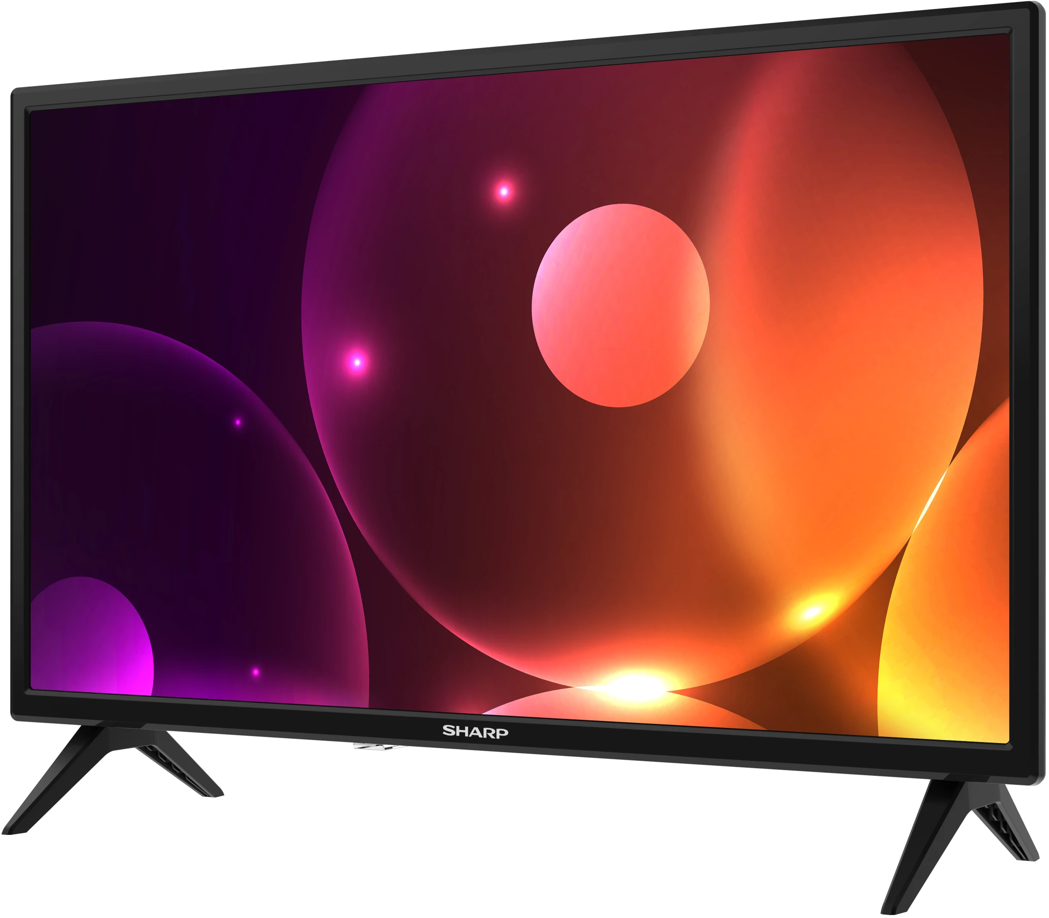 Fekete Sharp TV színes absztrakt formákkal a képernyőn. Fekete állvány látható.