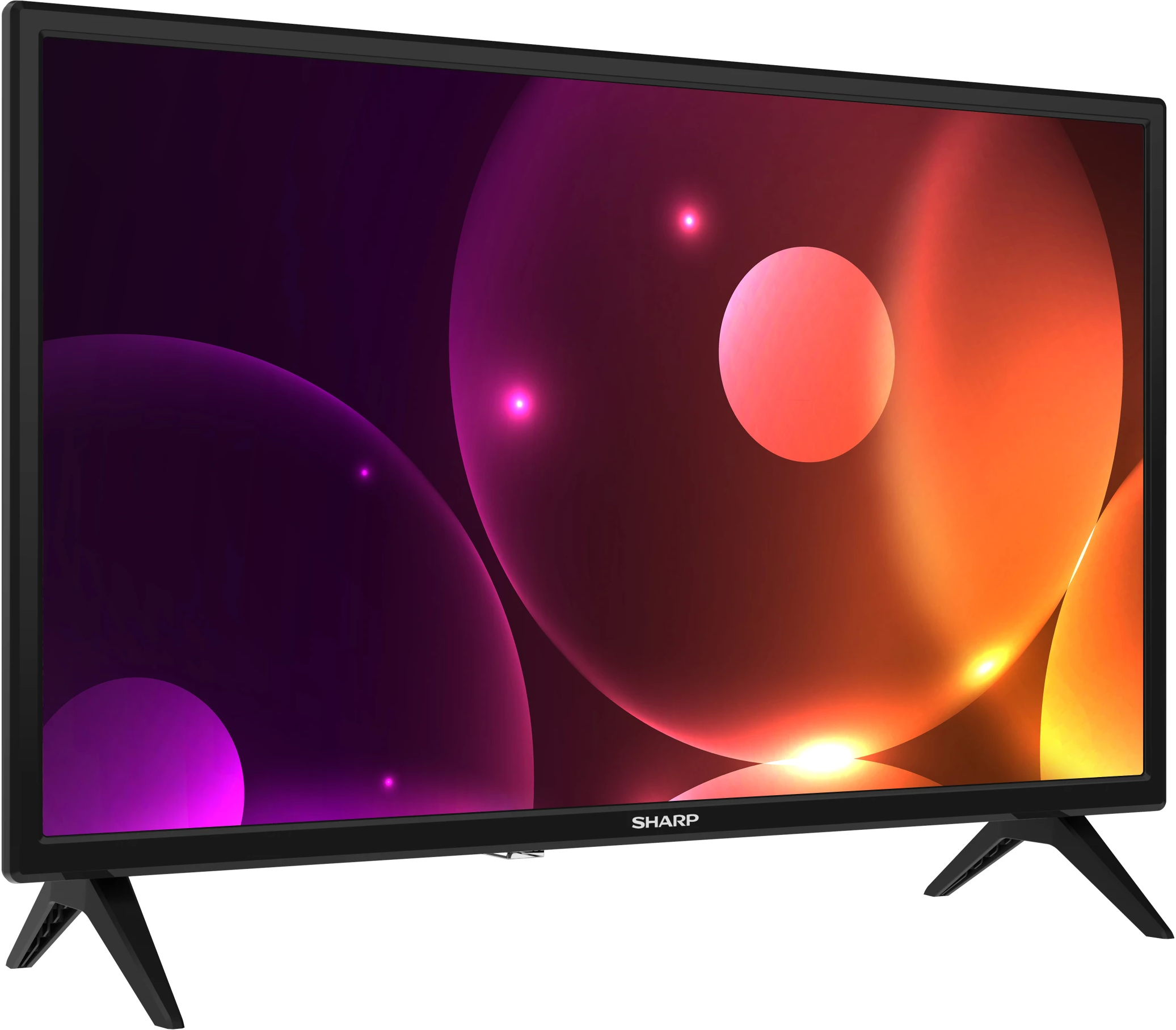 Sharp TV színes absztrakt formákkal a képernyőn. Fekete keret és állvány. A képernyő be van kapcsolva.