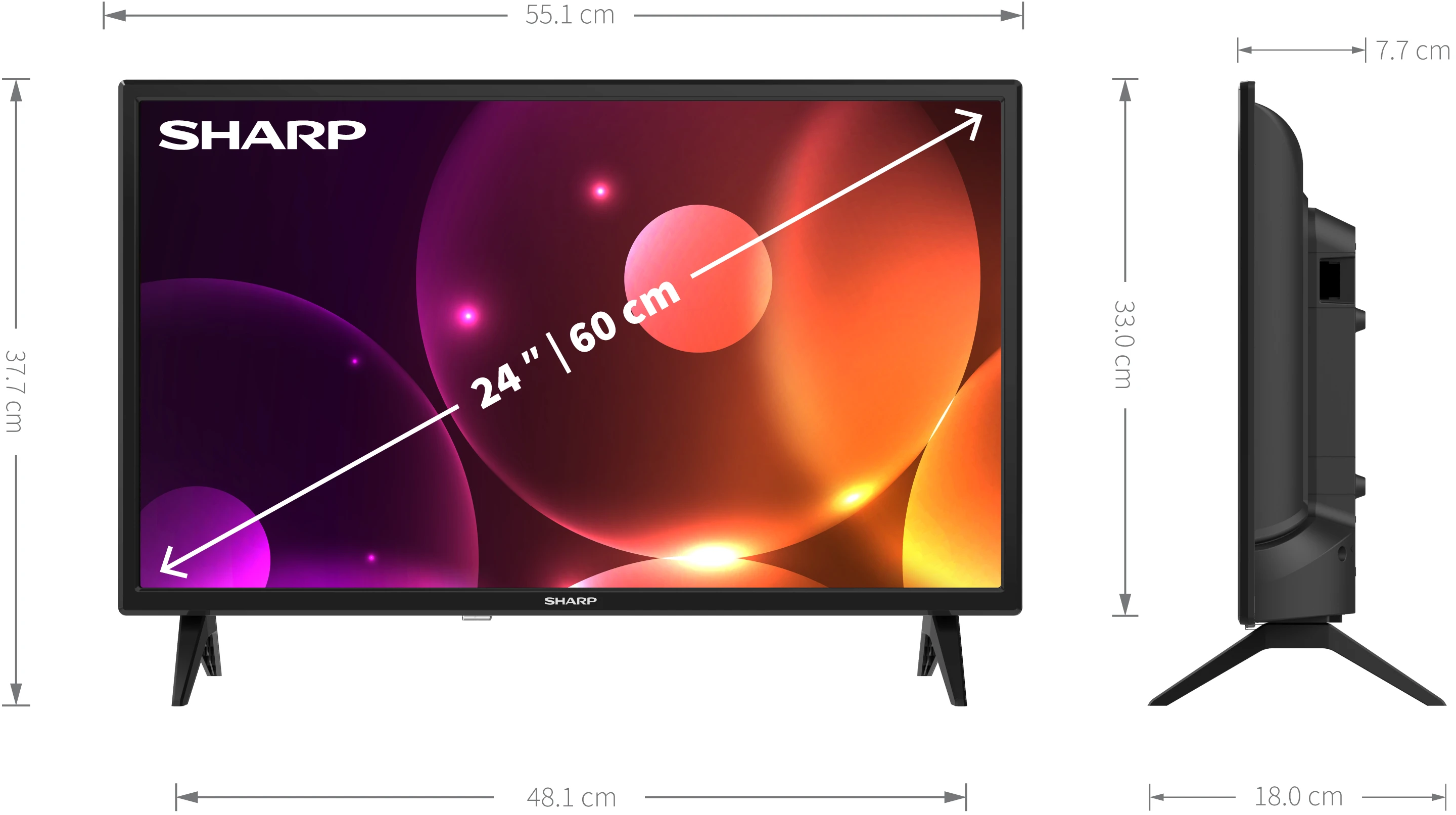 24 hüvelykes Sharp TV a méretekkel. A képernyő színes absztrakt dizájnt mutat. Fekete állvány és keret.