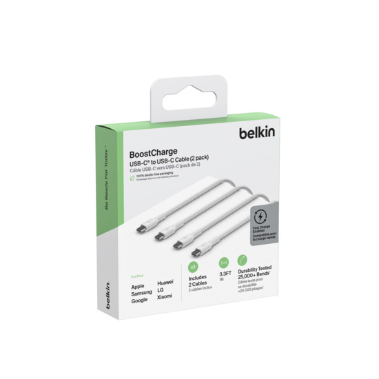 Belkin BoostCharge USB-C - USB-C kablo paketi. İki beyaz kablo görünür. Kutu yeşil ve beyaz.