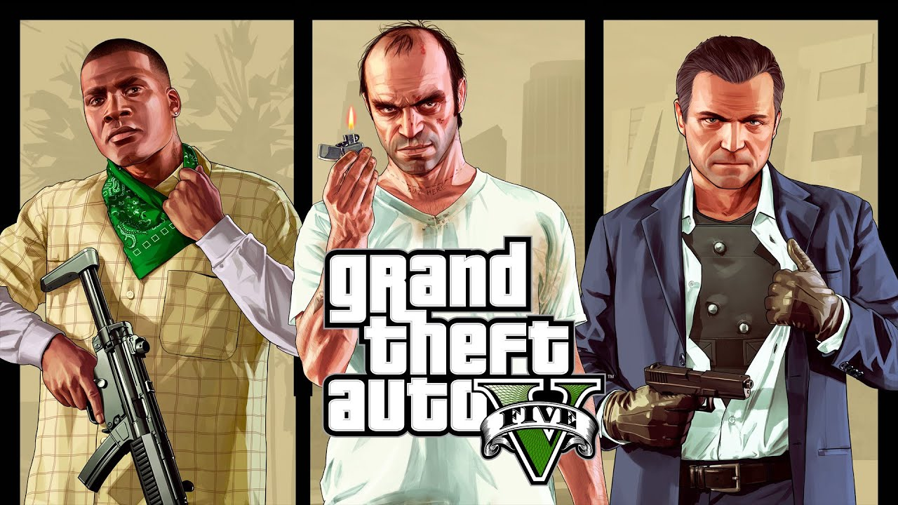 Trois hommes de Grand Theft Auto V. L'un tient une arme, l'autre un briquet, et un porte un bandana.