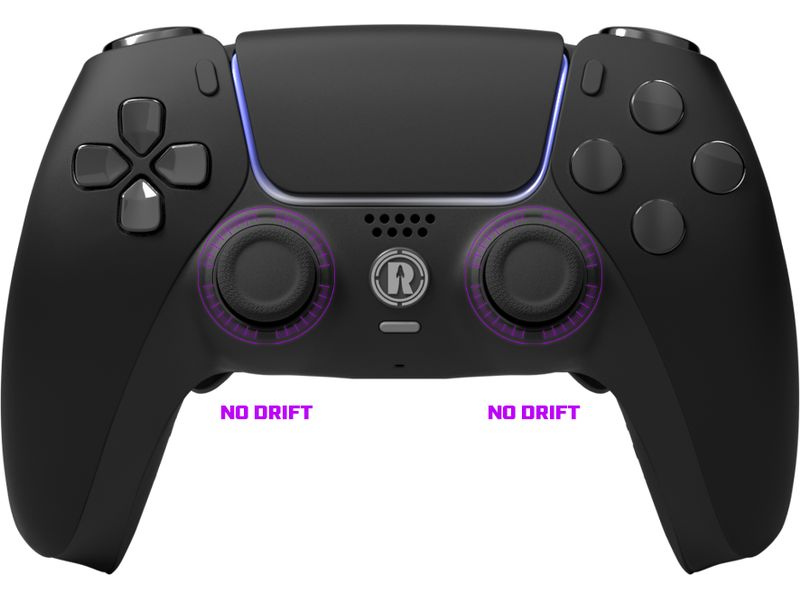 Controller di gioco nero con dettagli viola e la scritta "NO DRIFT". Presenta pulsanti, joystick e un logo centrale.