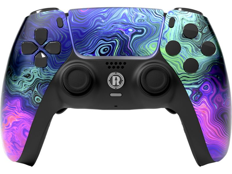 Ein Gaming-Controller mit psychedelischem Design. Er hat eine schwarze Basis mit bunten Wirbeln aus Blau, Lila und Grün.
