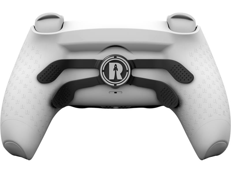 Weißer Gamecontroller mit schwarzen Aufsätzen und Logo in der Mitte. Knöpfe und Griffe sind sichtbar, Details sind klar.