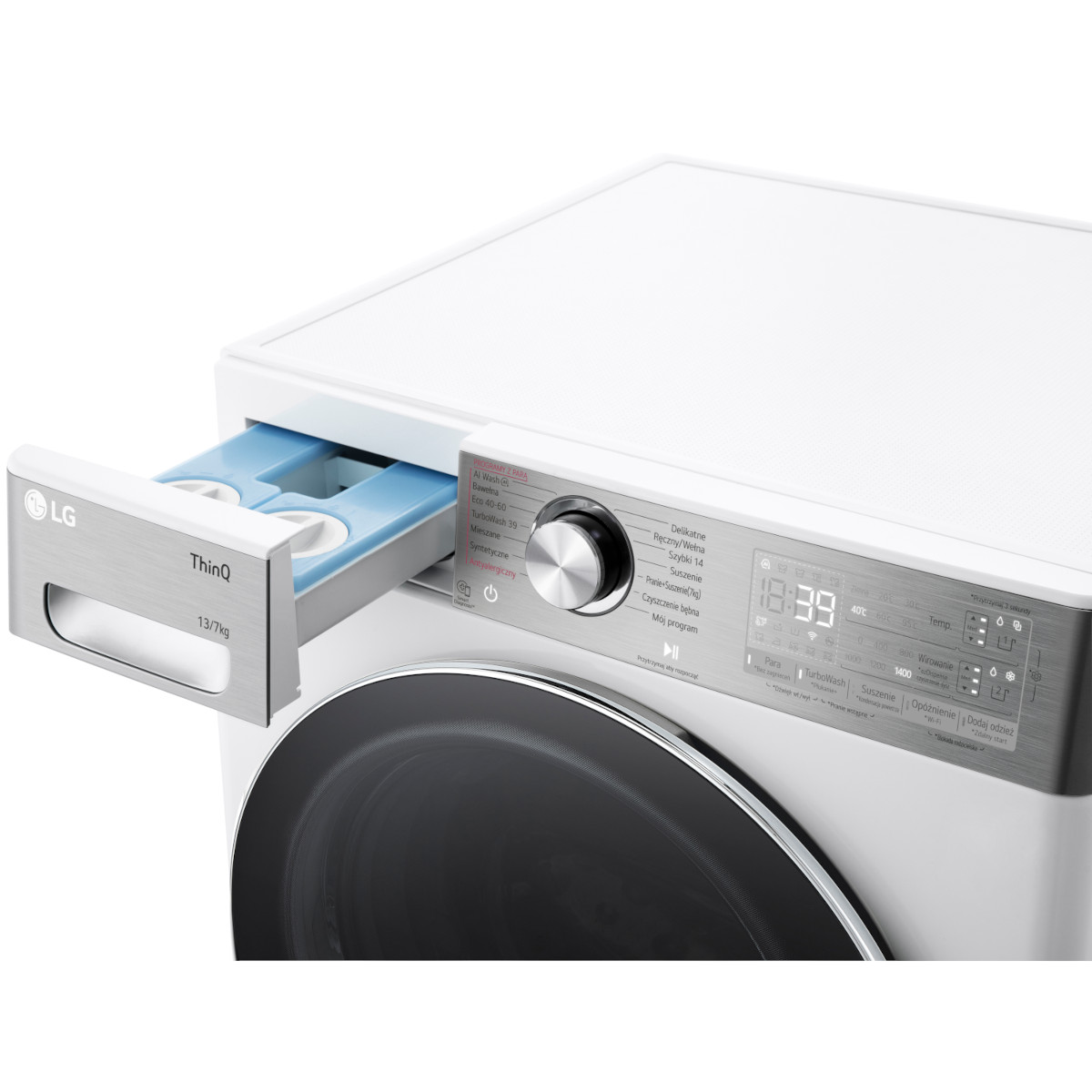 Biała pralka z otwartą szufladą na detergent i wyświetlaczem cyfrowym. Drzwi są czarne.