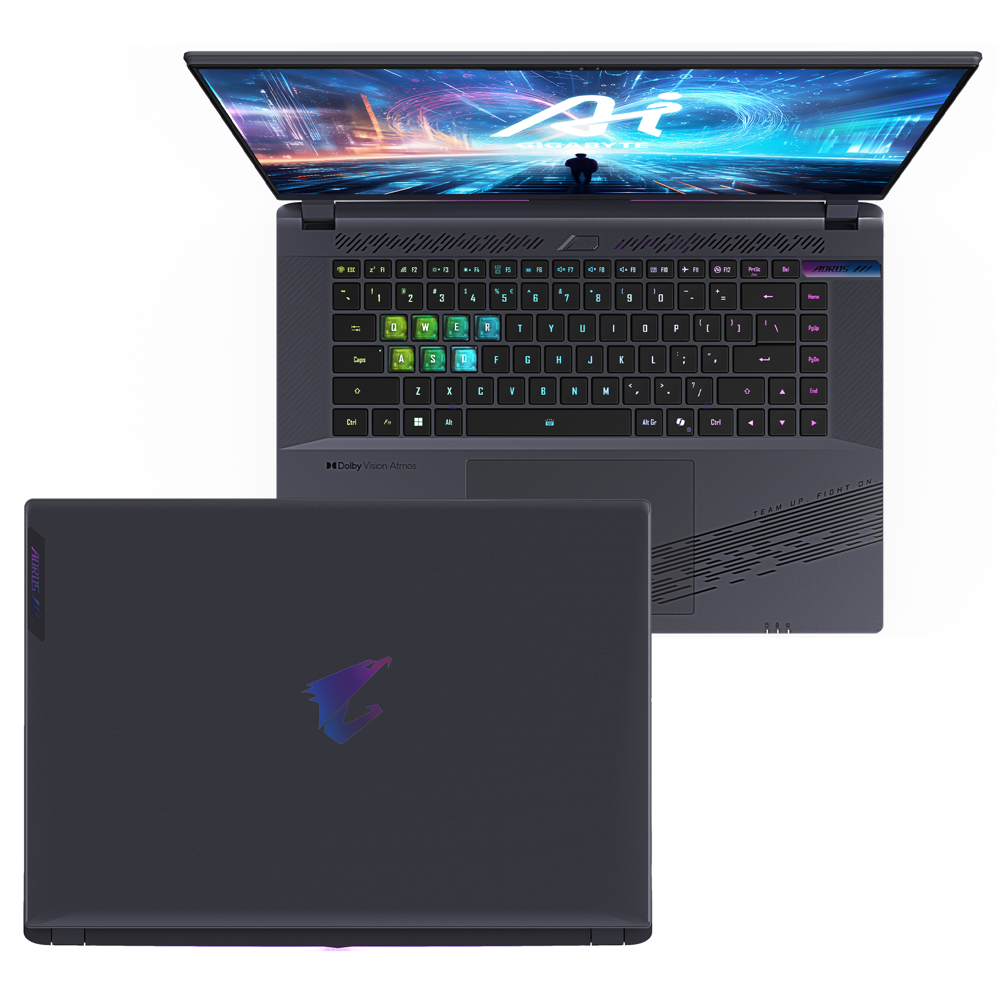 Laptop geöffnet, zeigt Tastatur, Display und das AORUS-Logo auf der Rückseite.
