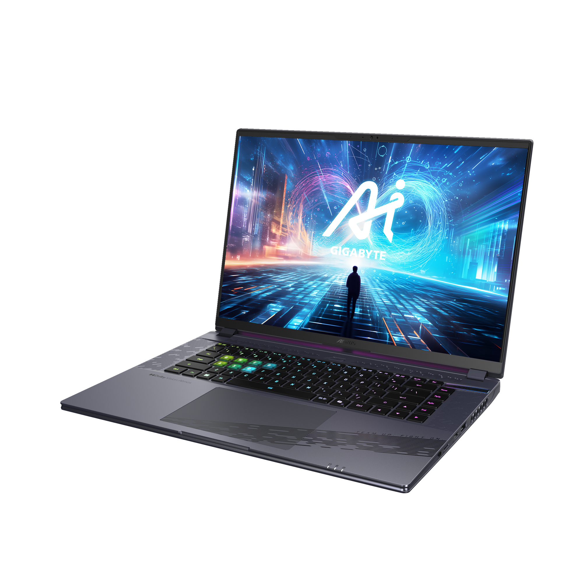 Laptop mit farbenfrohem Bildschirm, eine Person Silhouette. Der Laptop ist auf weißem Hintergrund.