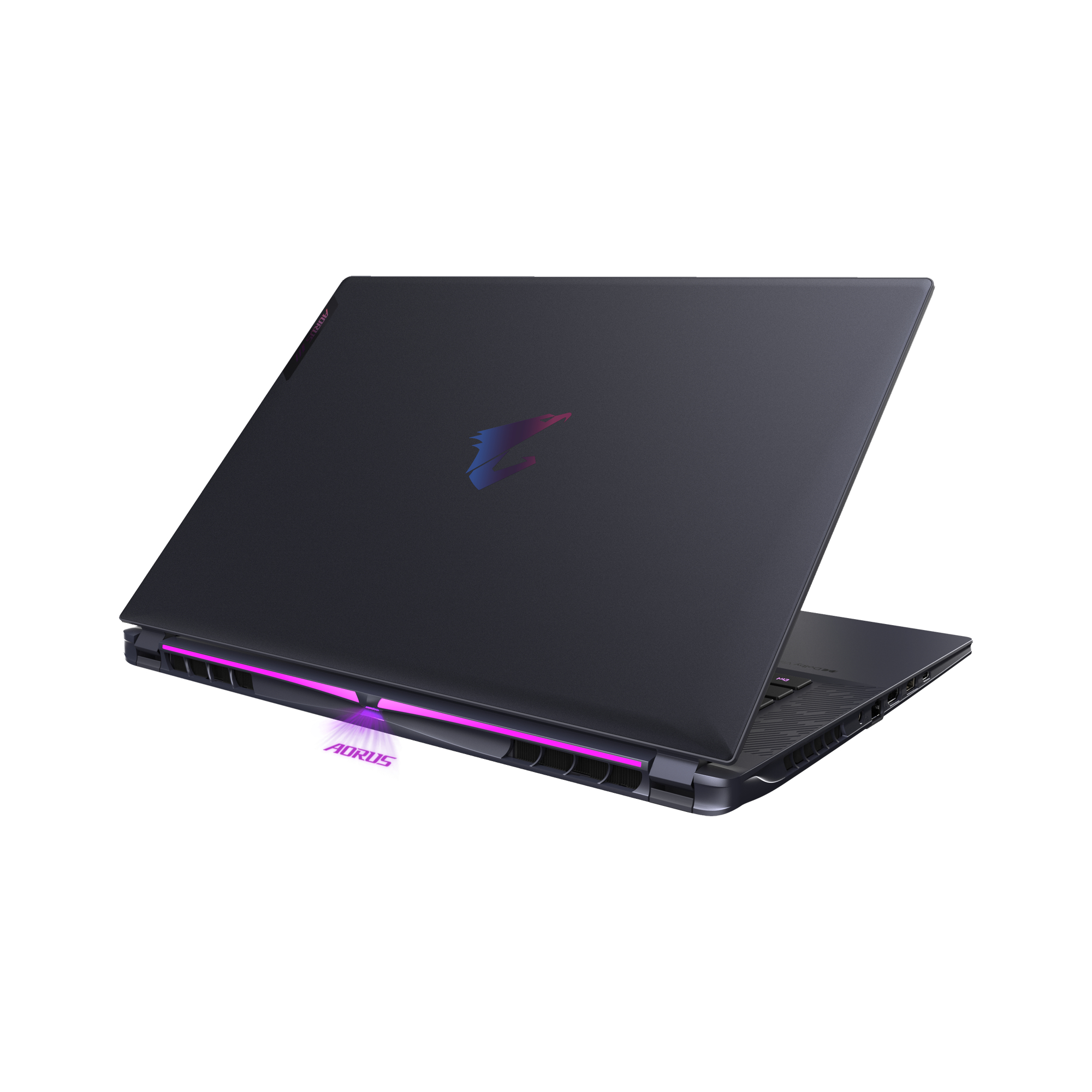 Schwarzer Laptop mit geöffnetem Deckel, zeigt Tastatur und Bildschirm. Rückseite mit Logo und RGB-Lichtern.