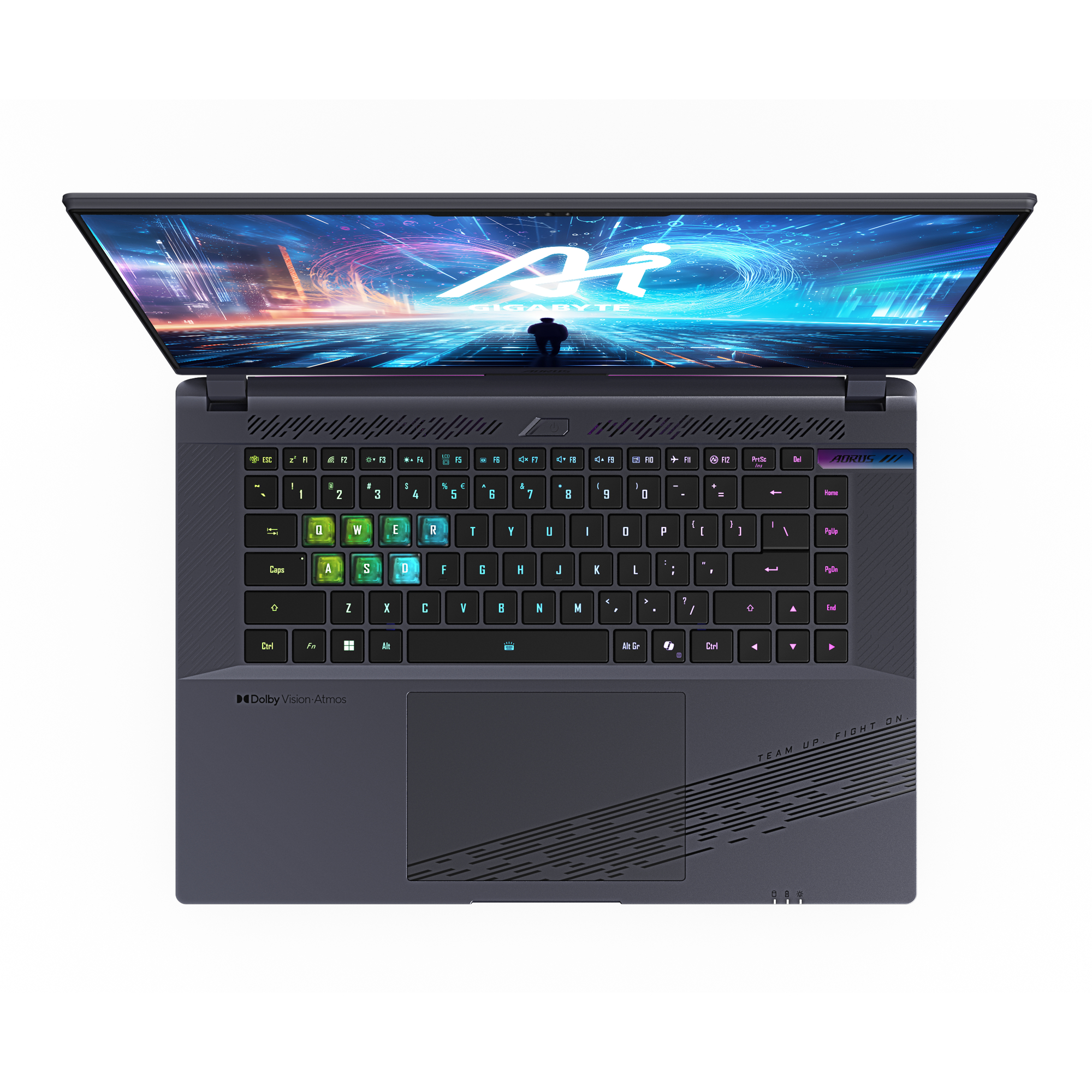Laptop-Tastatur mit farbenfrohen Tasten, Draufsicht.