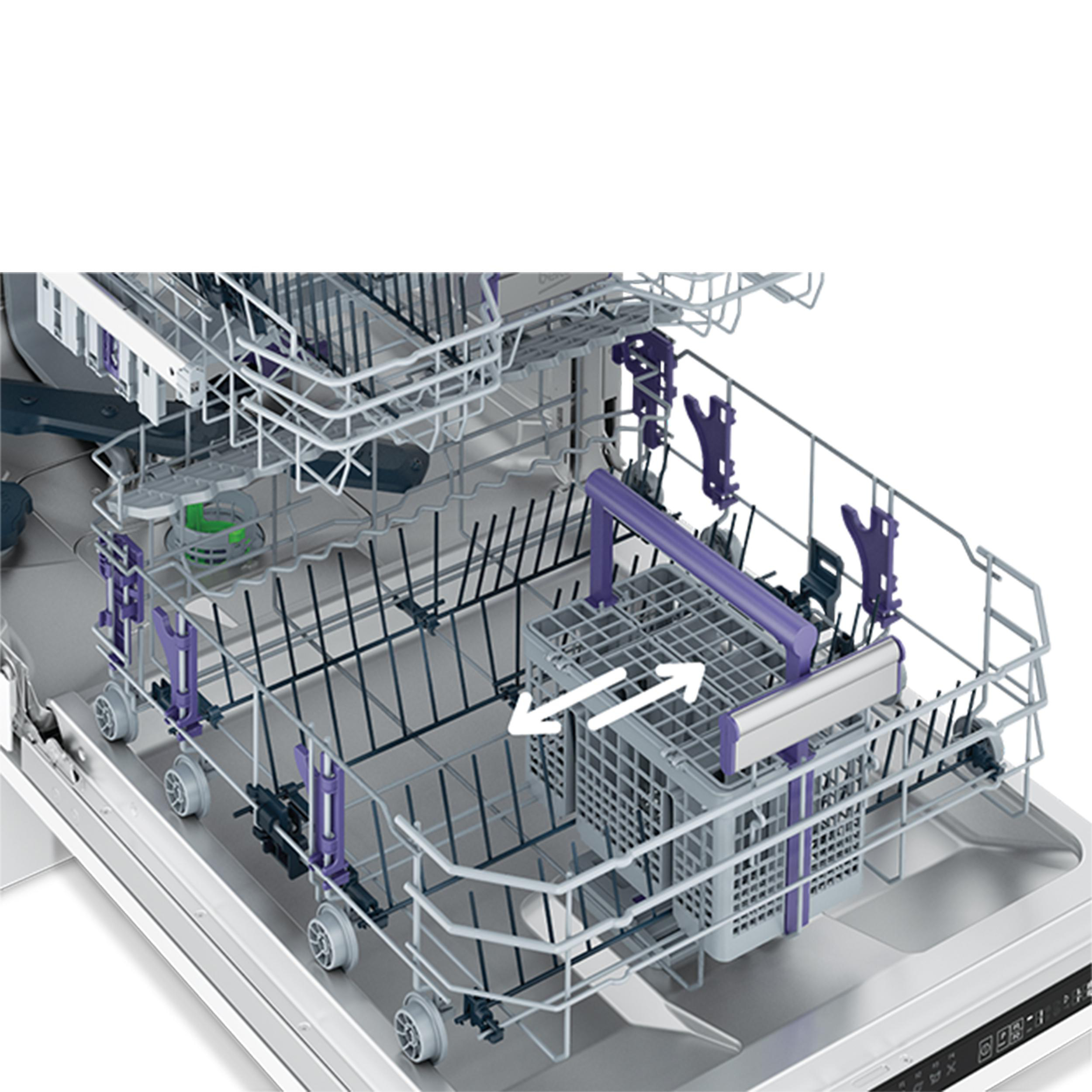 Geschirrspüler-Innenraum: Gestelle, Sprüharme und ein Korb mit Pfeilen.