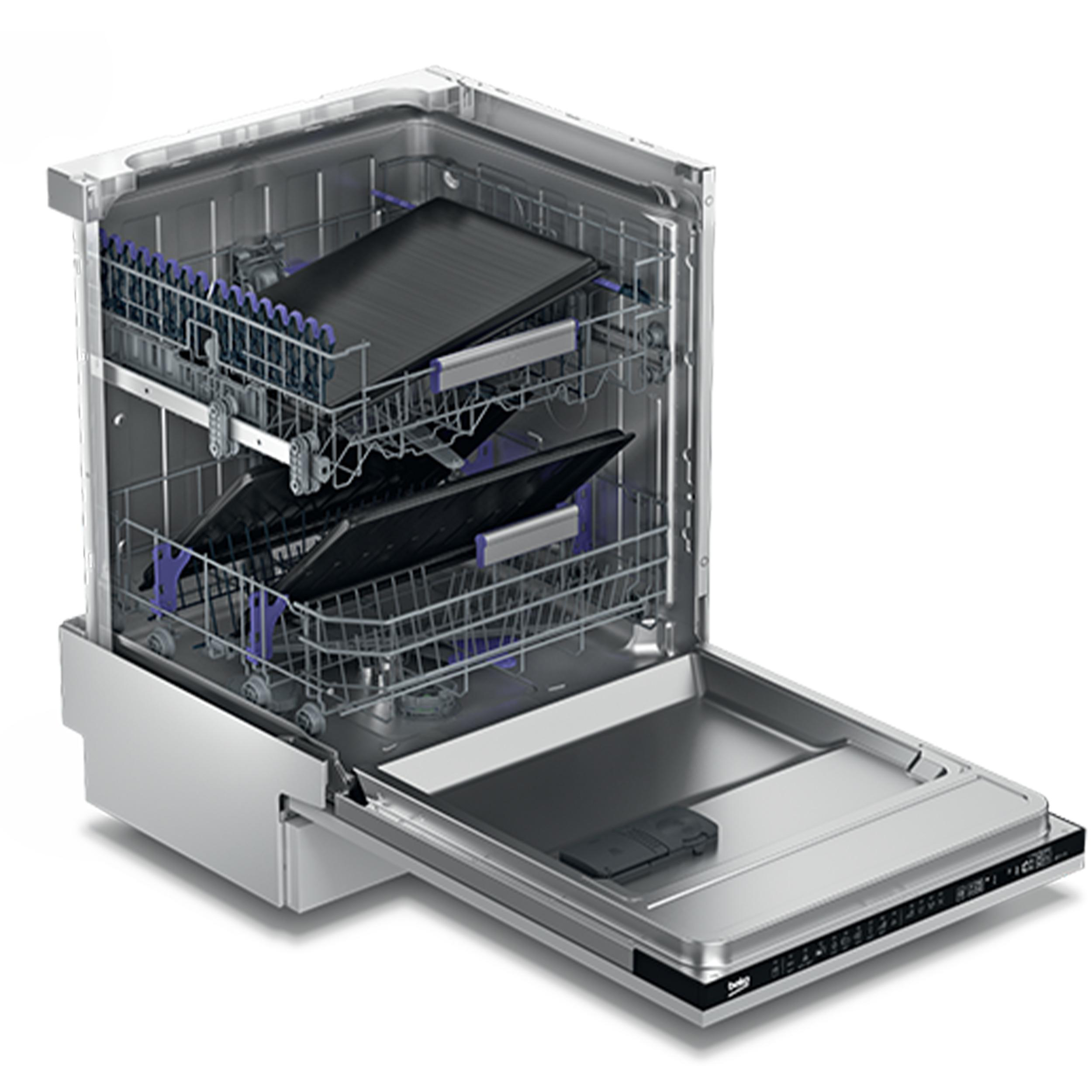 Geschirrspüler mit geöffneter Tür, der zwei Regale zeigt. Die Regale sind mit Geschirr beladen.